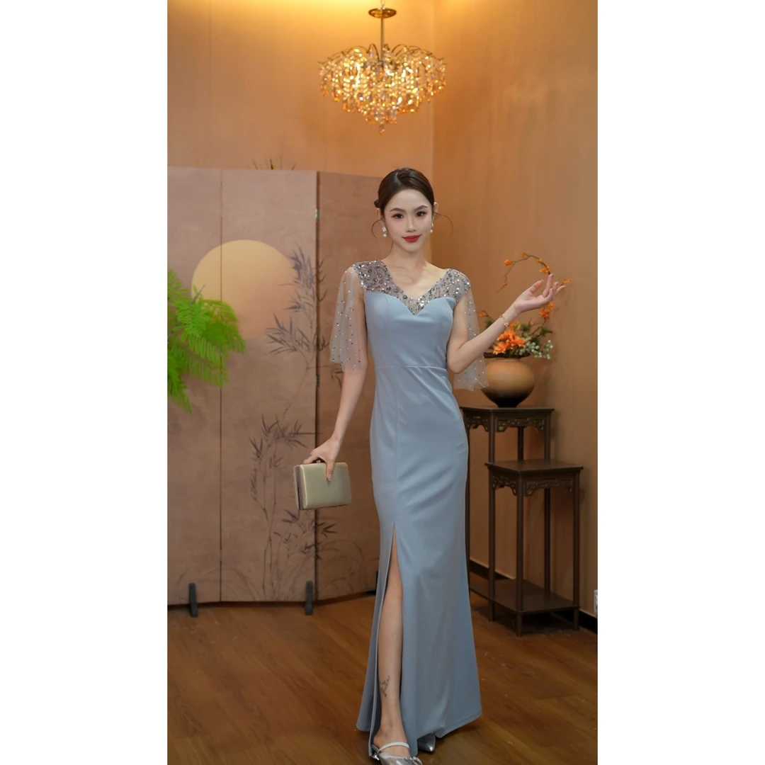 3295高贵优雅气质晚礼服裙女高v端名媛宴会手工钉钻明星长款连衣