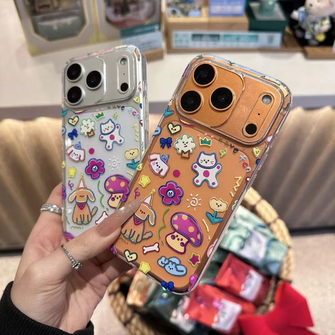 ins彩绘蘑菇猫猫狗狗适用iPhone17/15/14/13透明11大孔防摔手机壳