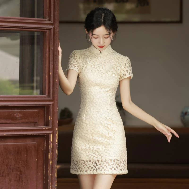 新中式国风改良旗袍女2025年夏季年轻款少女小清新短款蕾丝连衣裙