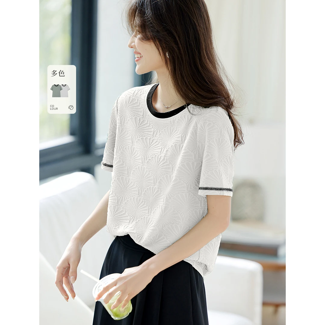 XWI/欣未肌理撞色领短袖T恤2025夏季新款撞色领短袖T休闲女装0555