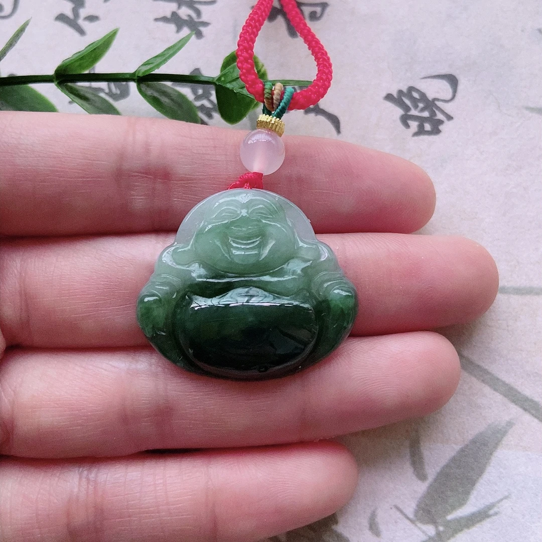 冰润带绿色半山水佛公吊坠天然翡翠A货 尺寸26.8×30×5.5mm