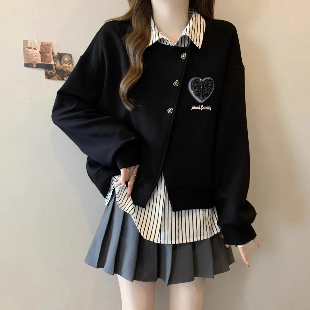 假两件条纹拼接POLO领长袖卫衣春季微胖mm大码遮肚子时尚洋气上衣