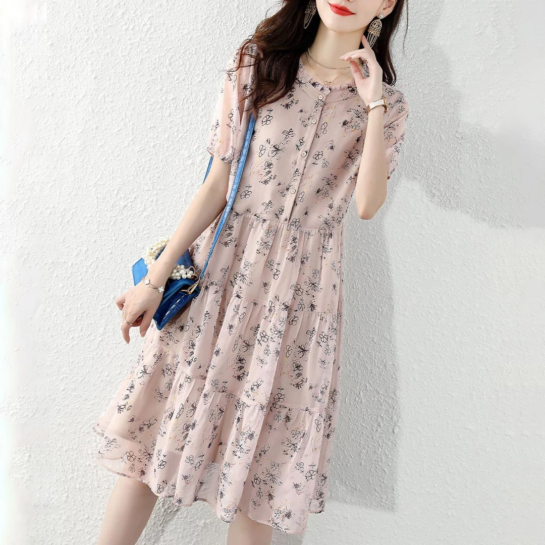 魅言法式复古温柔仙气飘飘女神碎花短袖连衣裙夏季女收腰裙子
