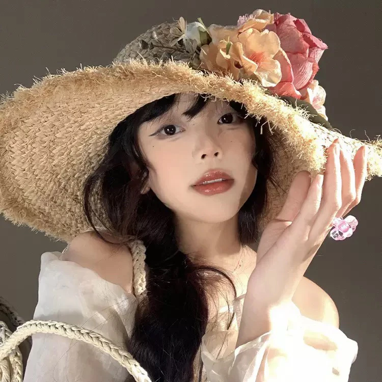 手工拉菲草大花大帽檐海边旅游大帽檐058帽子夏季时尚网红百搭
