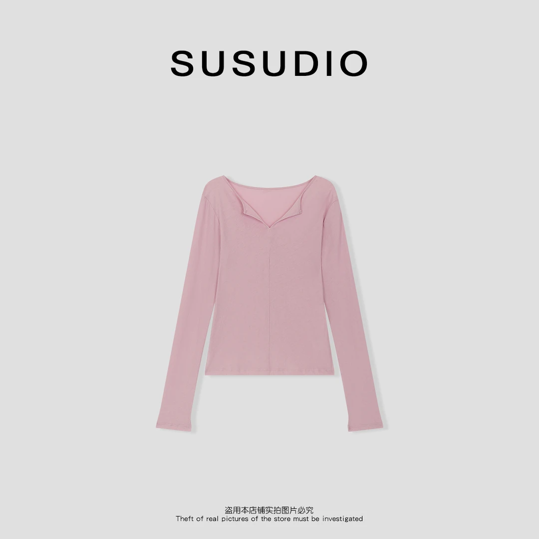 SUSUDIO 100棉 剪刀型设计V领修身显瘦长袖防晒T恤  10616