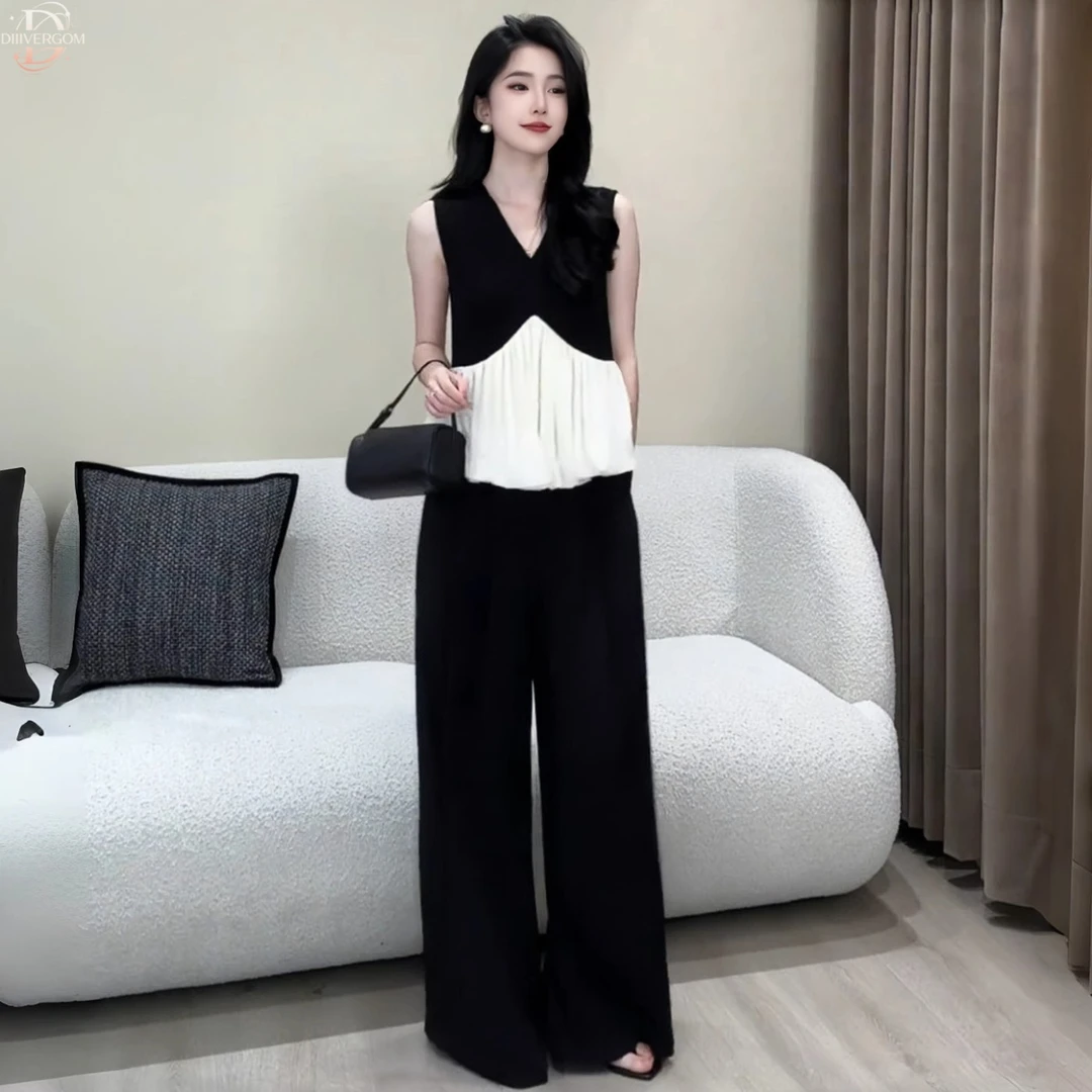 法式时尚套装女士夏季新款高级感撞色气质显瘦无袖上衣高腰阔腿裤