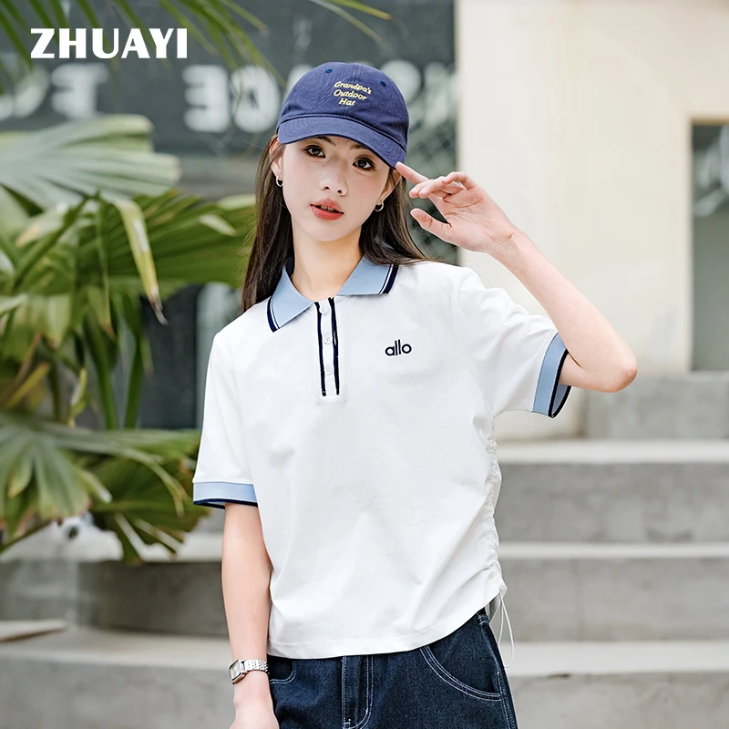 朱阿姨2025夏季撞色螺纹抽褶短袖轻薄透气显瘦翻领T恤上衣女