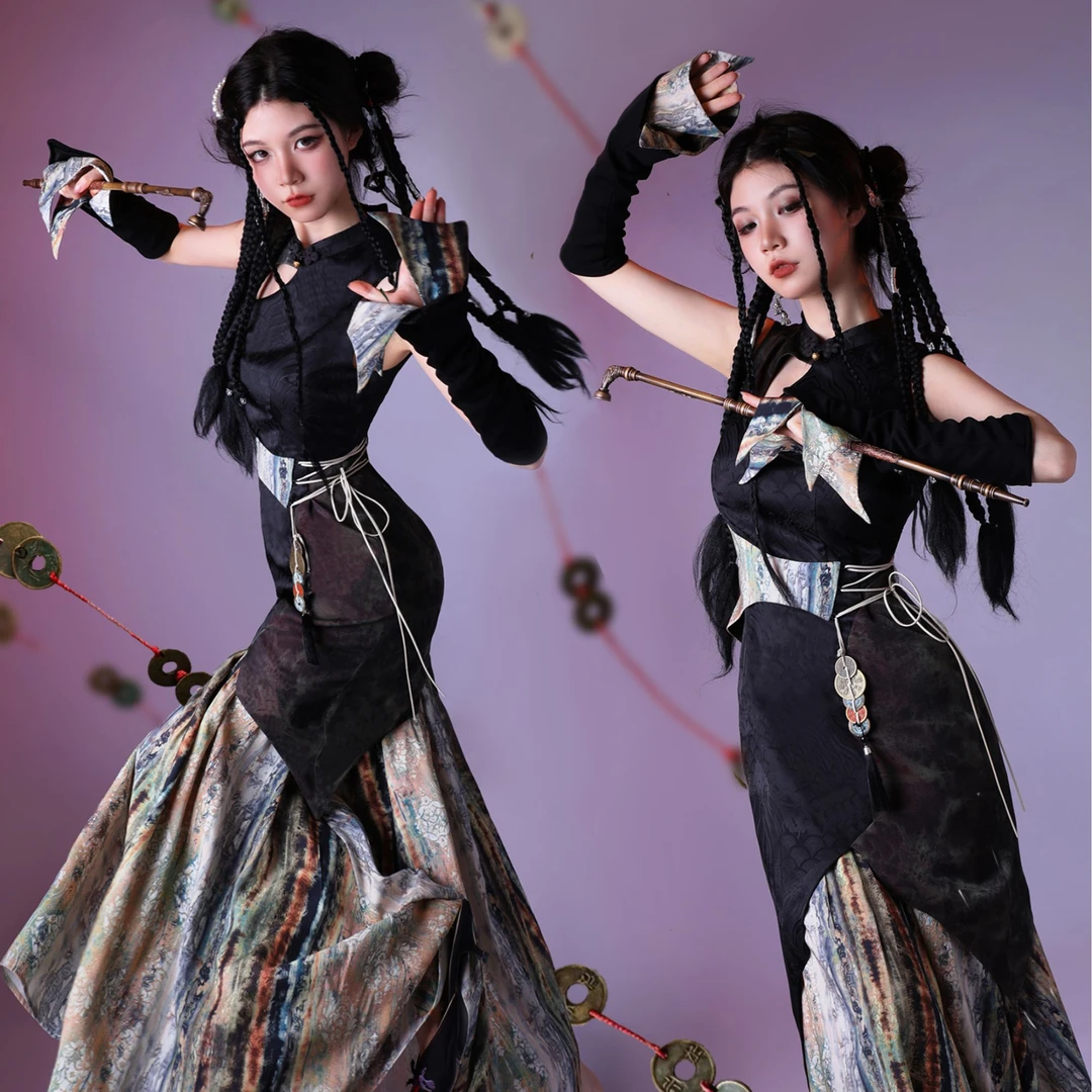 四斤自制 山鬼花钱 原创设计传统纹样民族风重工马面元素A摆长裙