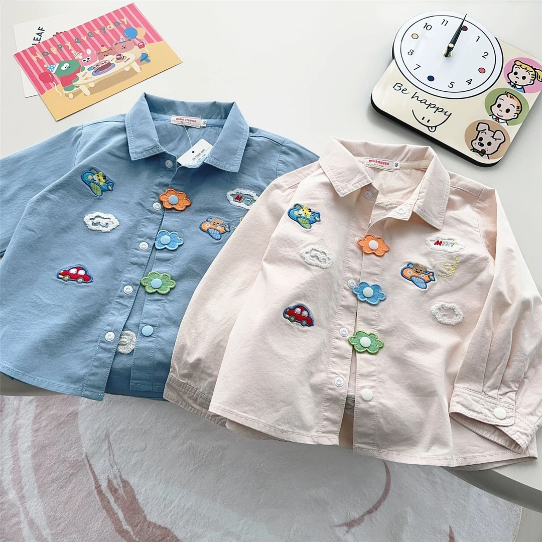 外贸日系童装25春新款男女童翻领刺绣宽松小熊开飞机卡通衬衫7056