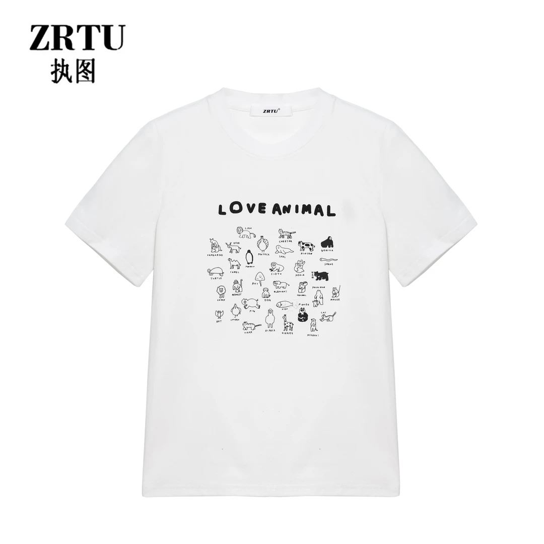 ZRTU女士百搭圆领T恤女卡通动物世界半袖夏夏季潮流