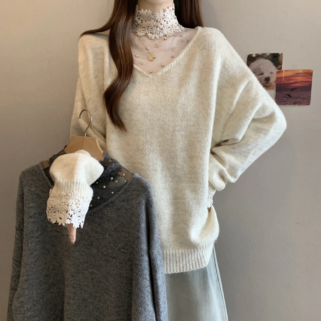 大码秋款甜美风杏色灰色条纹套头针织开衫聚酯纤维显瘦设计感