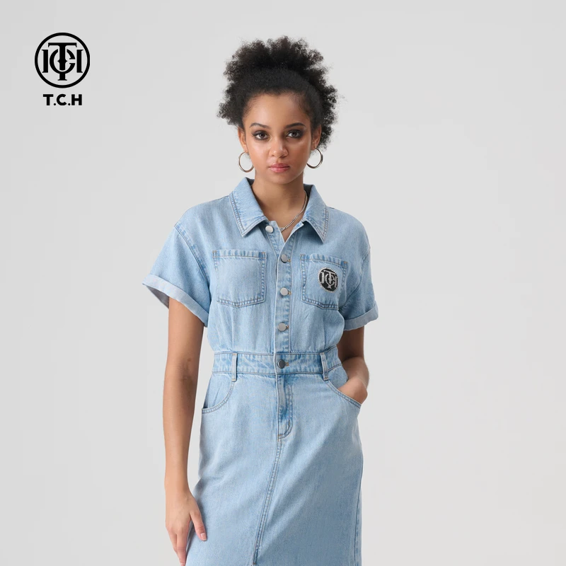 TCH服饰店-2025夏季新款烫钻时尚百搭短袖牛仔连衣裙T72B308005