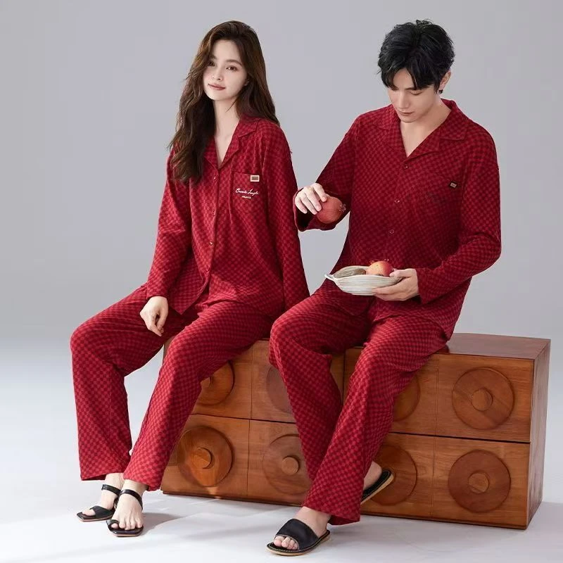 秋冬季情侣款本命红格口袋开衫长袖长裤家居服套装