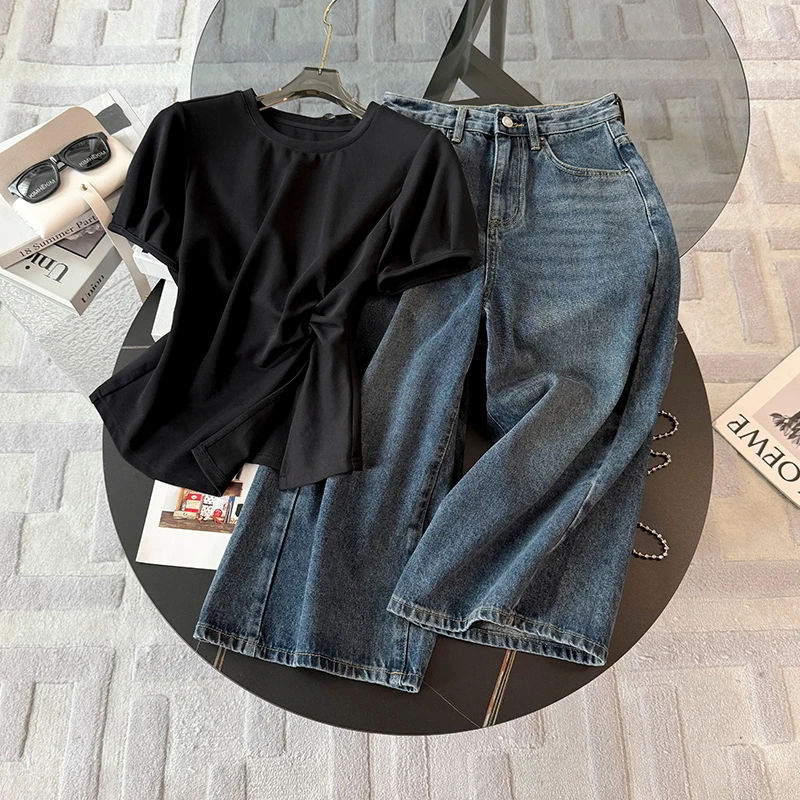 韩版时尚休闲套装女夏新款圆领不规则开叉设计短袖牛仔中裤两件套