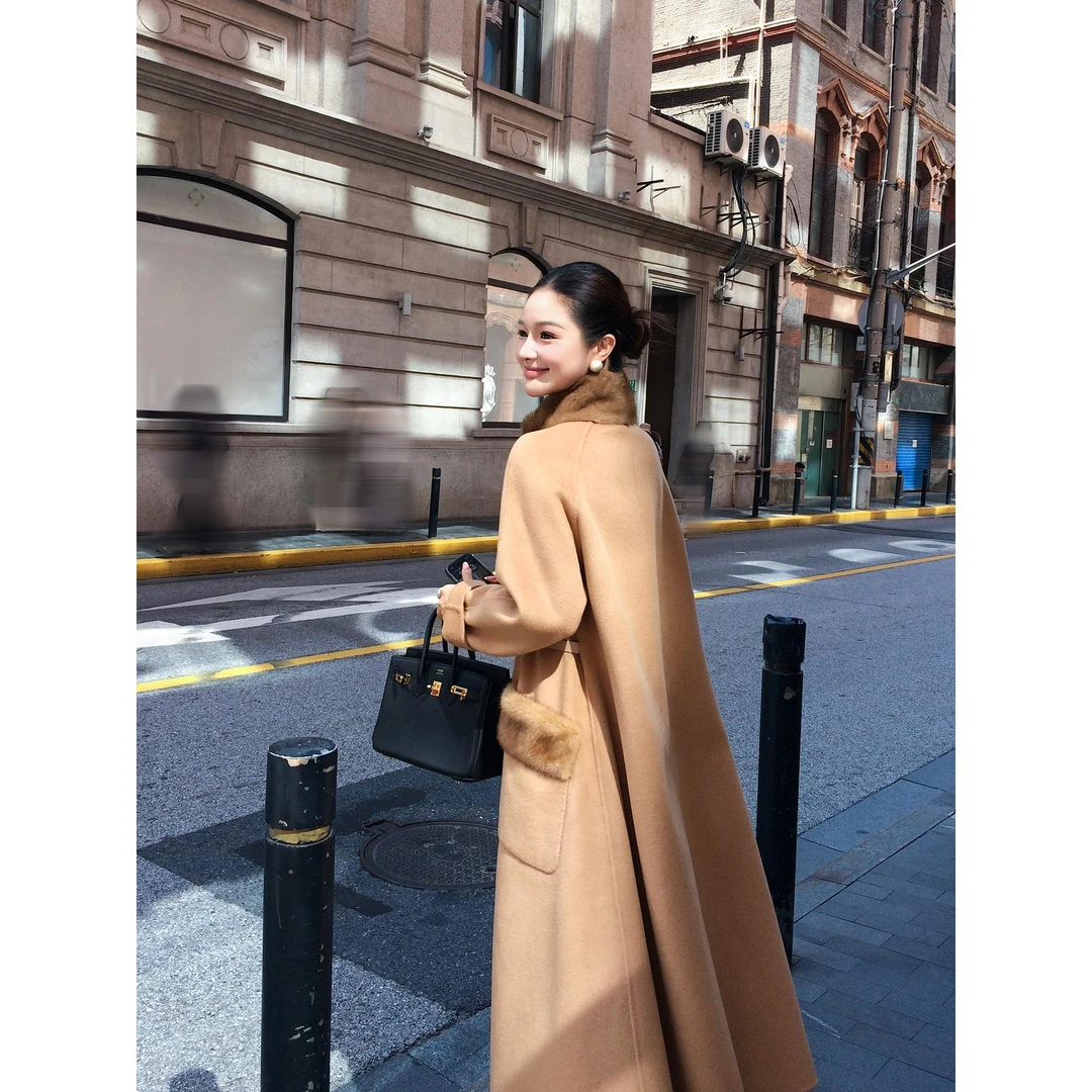 BPQR高级感斗篷双面大衣女新款赫本风气质水貂毛领毛呢子外套