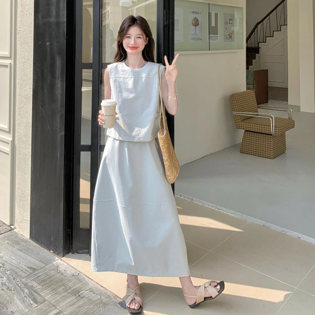 简单大方韩系风格无袖上衣套装裙女2025夏季气质高腰半身裙两件套