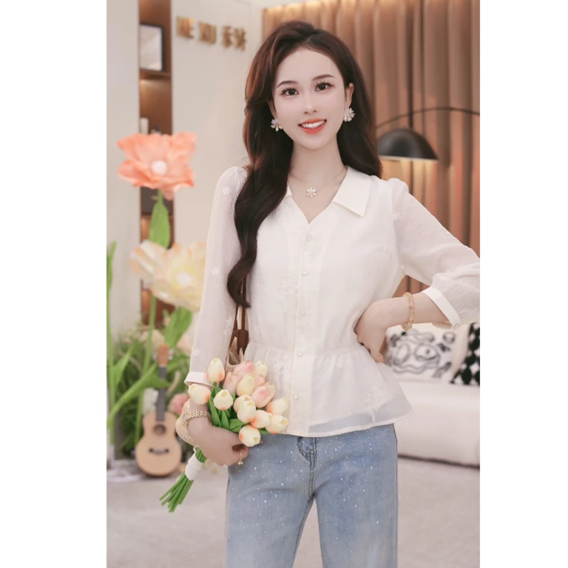 【小铃铛】TU25994法式小香风提花长袖衬衫款流苏设计感短款上衣潮