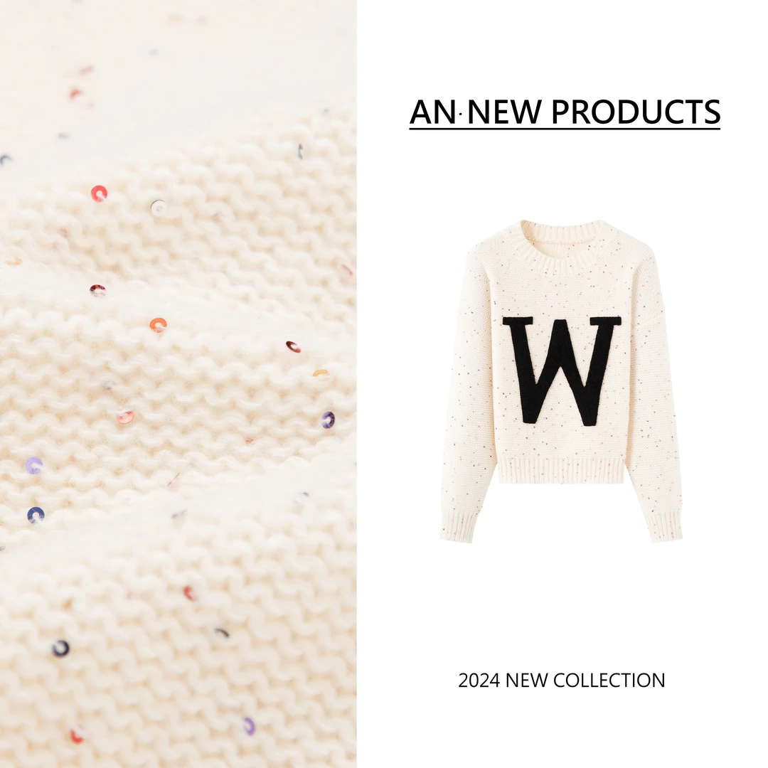 B90076冬季新款宽松时尚设计感亮片字母W套头针织毛衣