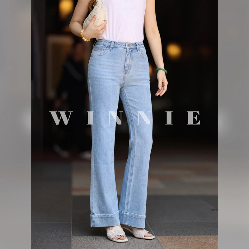 WinnieTang环锭纺棉弹力莱卡复古修身显瘦微喇猫须牛仔裤百搭长裤