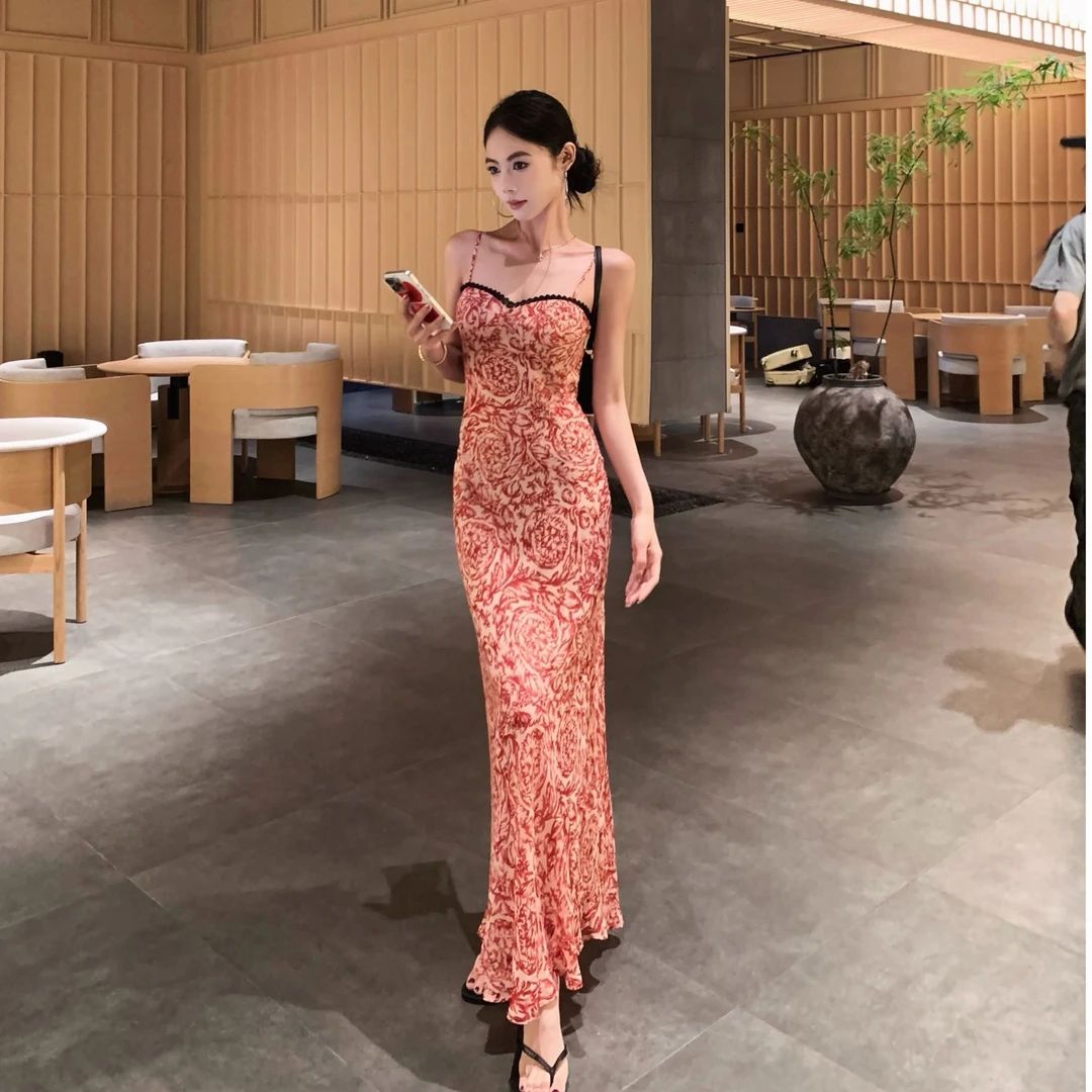 夏季气质复古蕾丝拼接自带胸垫印花抹胸吊带连衣裙 1042#