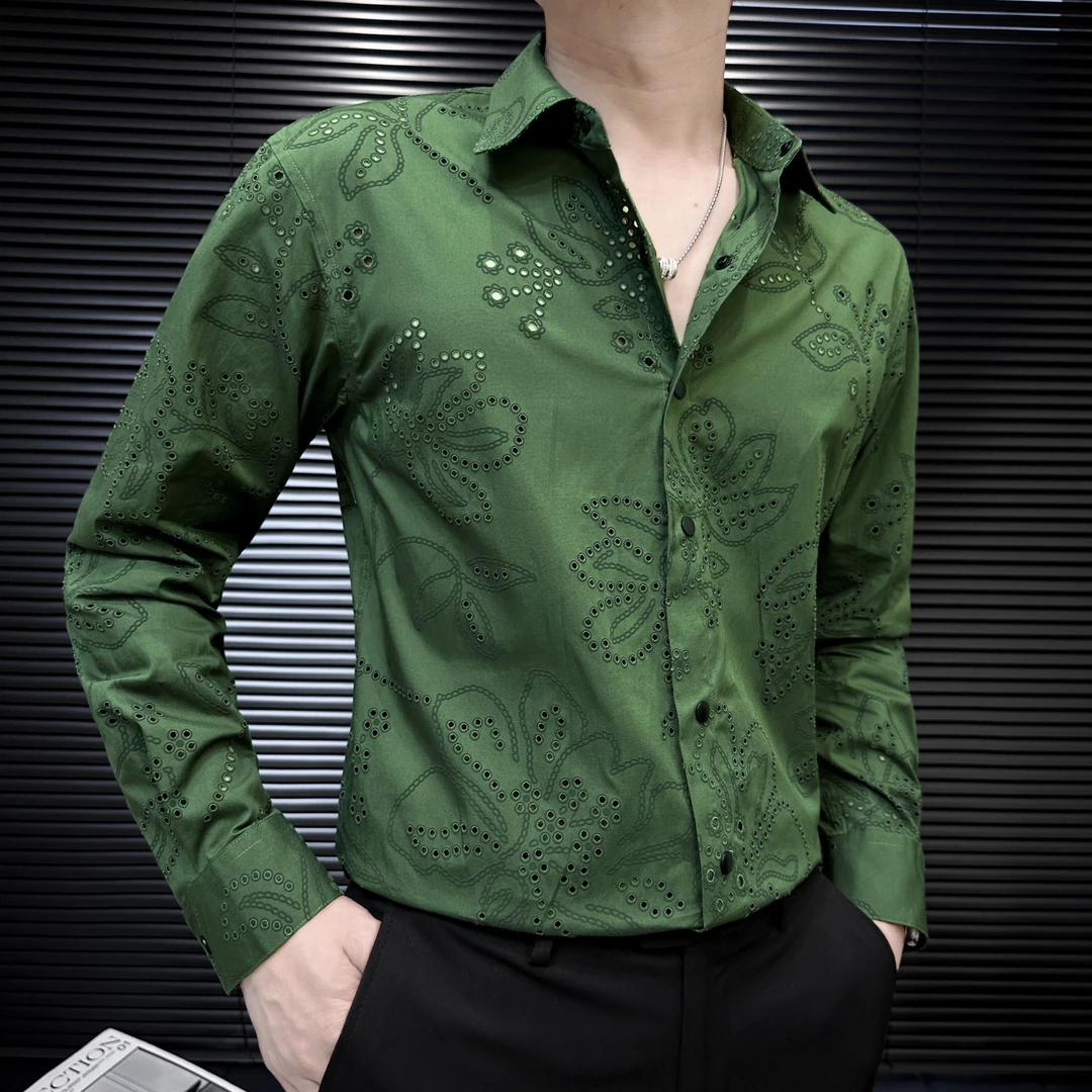 镂空绣花衬衫男款长袖春季薄款新款宽松舒适设计感男士休闲花衬衣