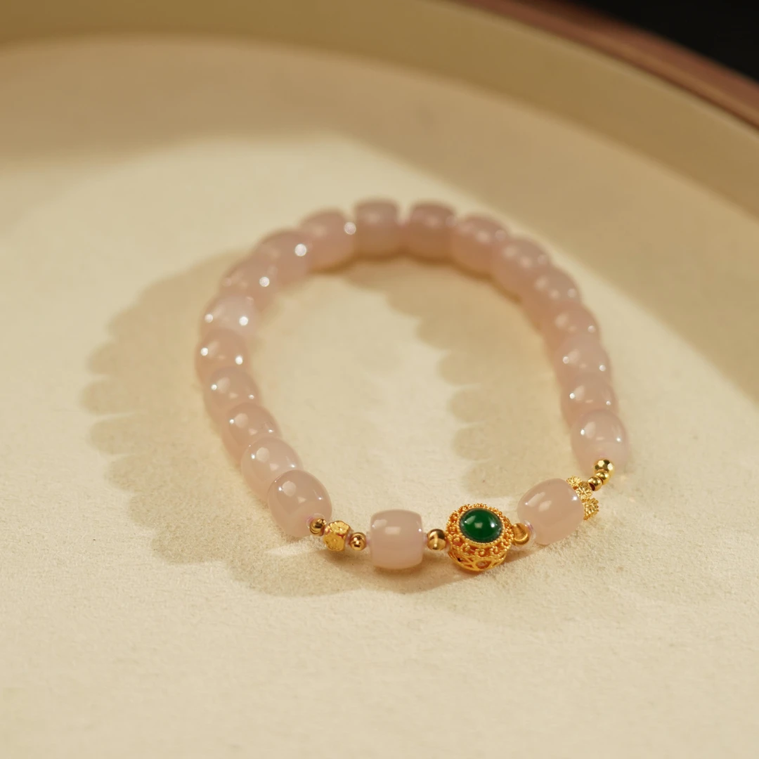 【之七珠宝】和田玉藕粉直切+18k金手串气质轻奢百搭女士素圈镶嵌