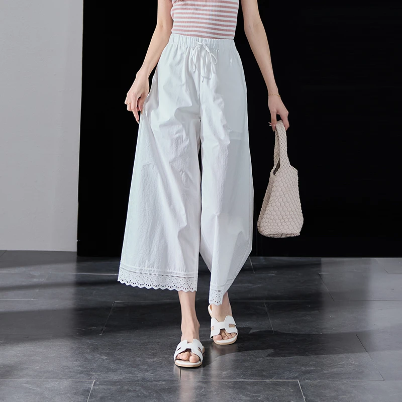 索菲丝尔2025夏季新款纯棉薄款松紧腰蕾丝花边九分阔腿裤522765