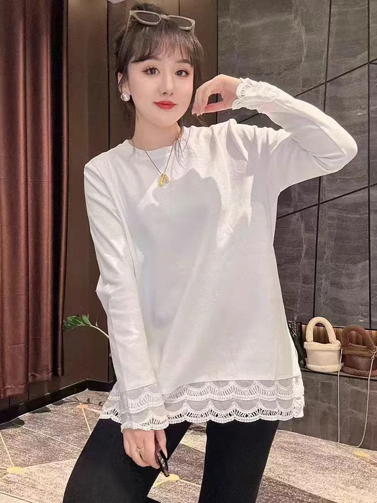 （-13）欧货2025春季新款白色双层蕾丝长袖T恤女中长款打底上衣