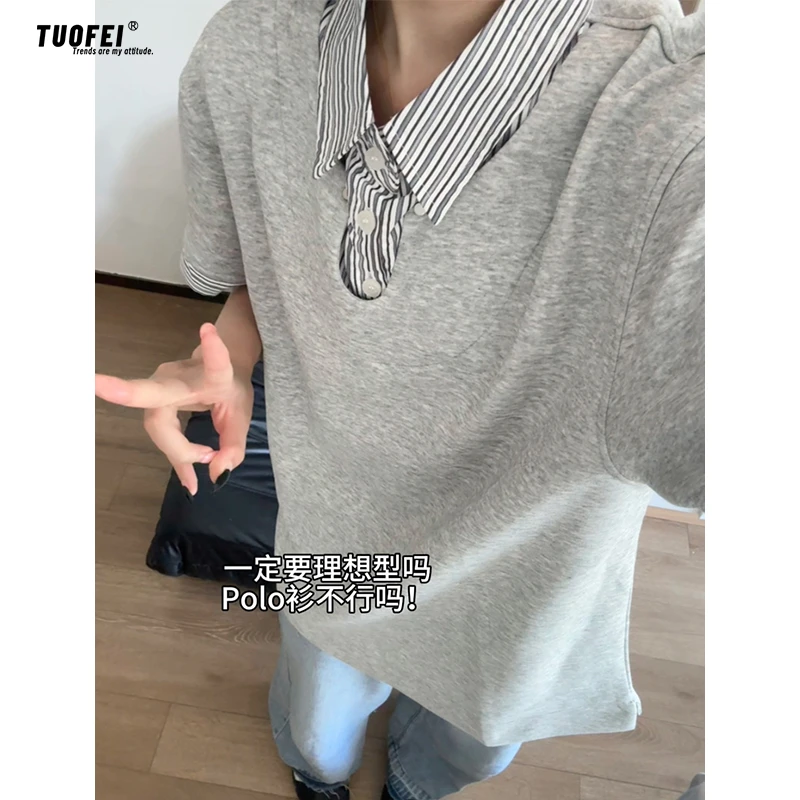 灰色假两件POLO衫短袖男夏季miu系条纹翻领正肩t恤美式高级感半袖