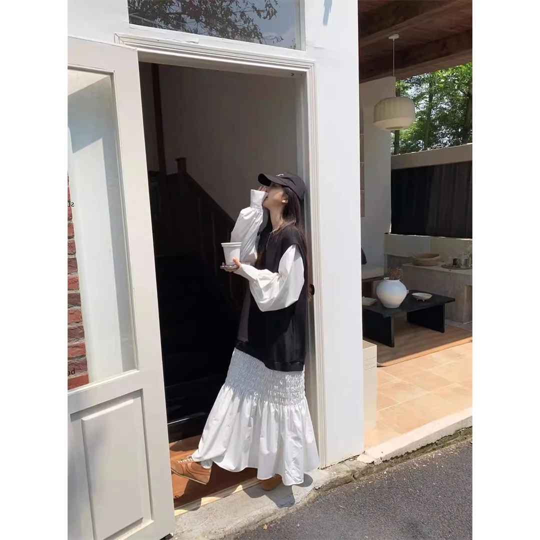 秋季大码女装胖mm韩系复古设计撞色长款拼接连衣裙显瘦黑色连衣裙