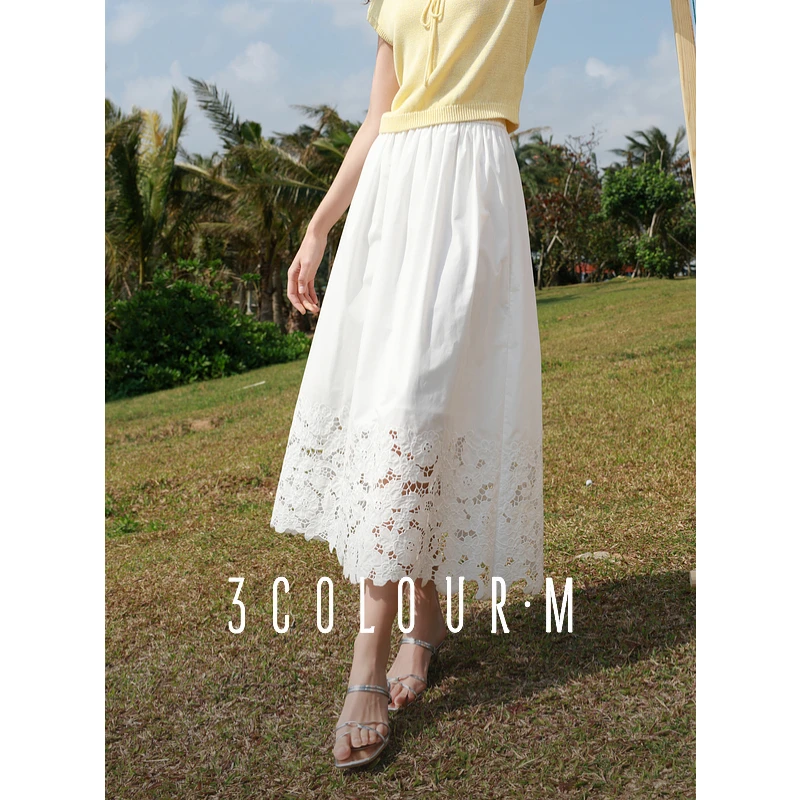 【三彩小樱花】2025夏季新款刺绣半身裙镂空A字裙长裙小白裙女M