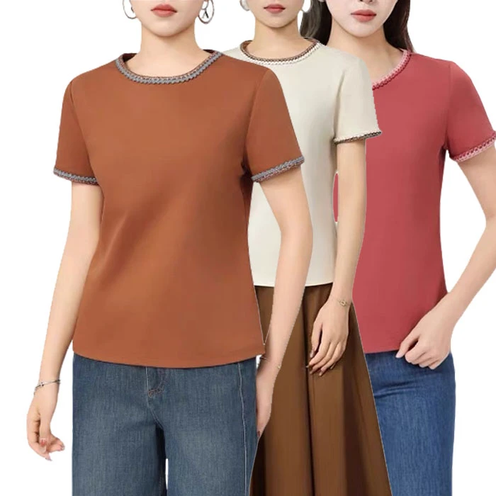 【商场同款】花边短袖T恤新款时尚百搭休闲简约小香风上衣女530054