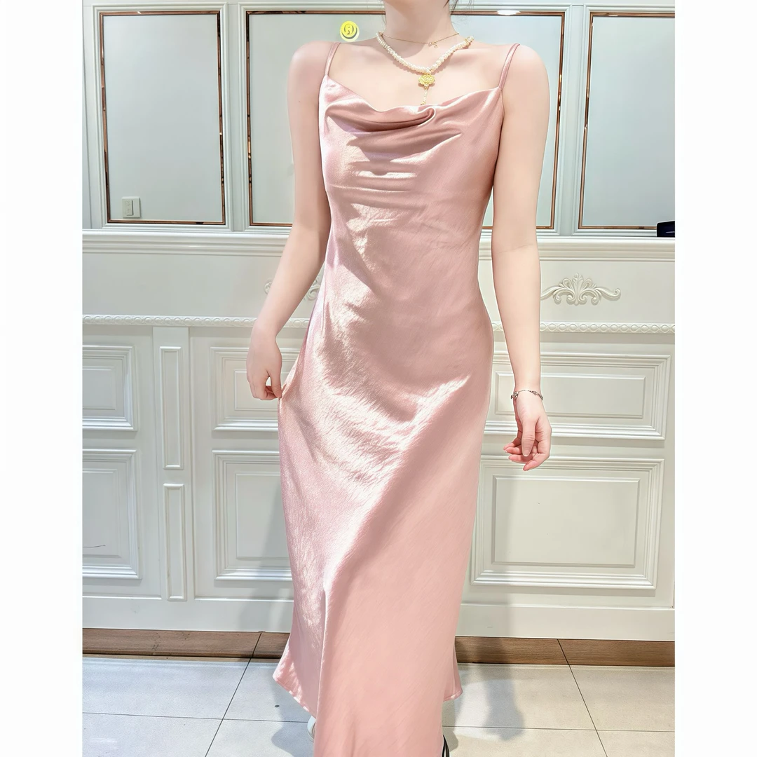 【雅韵】优雅缎面堆堆领斜裁调节肩带吊带连衣裙轻奢夏季鱼尾裙气质