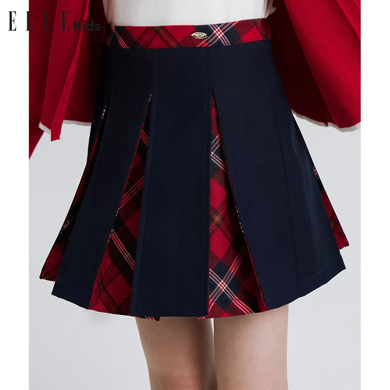 ELLE KIDS童装秋季jk动漫学院风少女百搭格子拼面料百褶半裙Q4