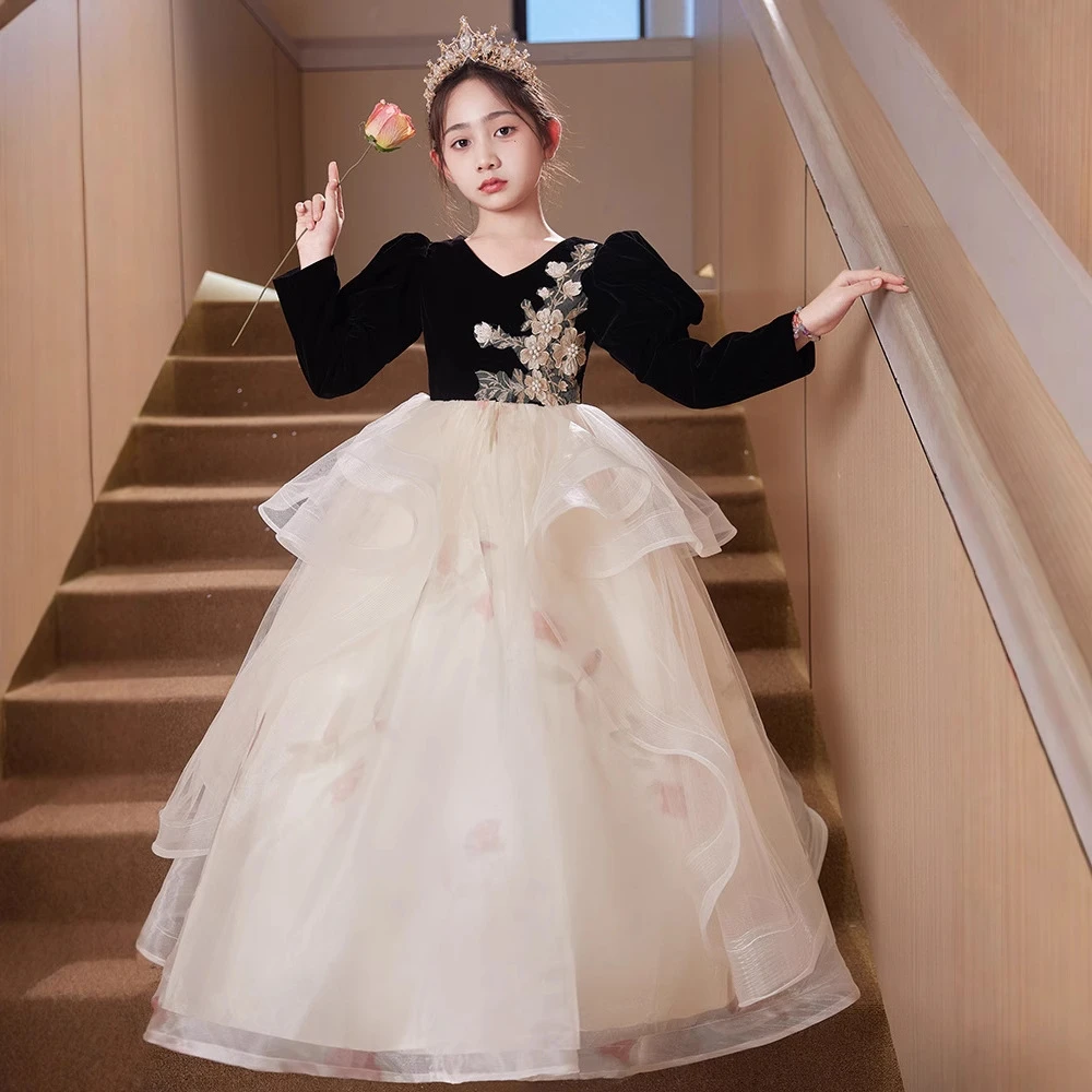 2025新款长袖中国风蓬蓬纱大童礼服公主裙女童主持人钢琴演出服秋