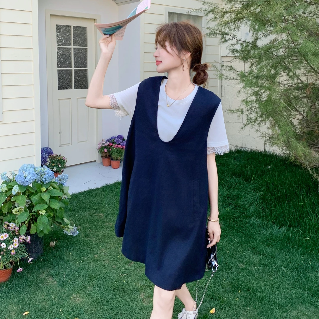 韩系通勤时尚百搭连衣裙套装女2025夏季新款蕾丝短袖背心裙两件套