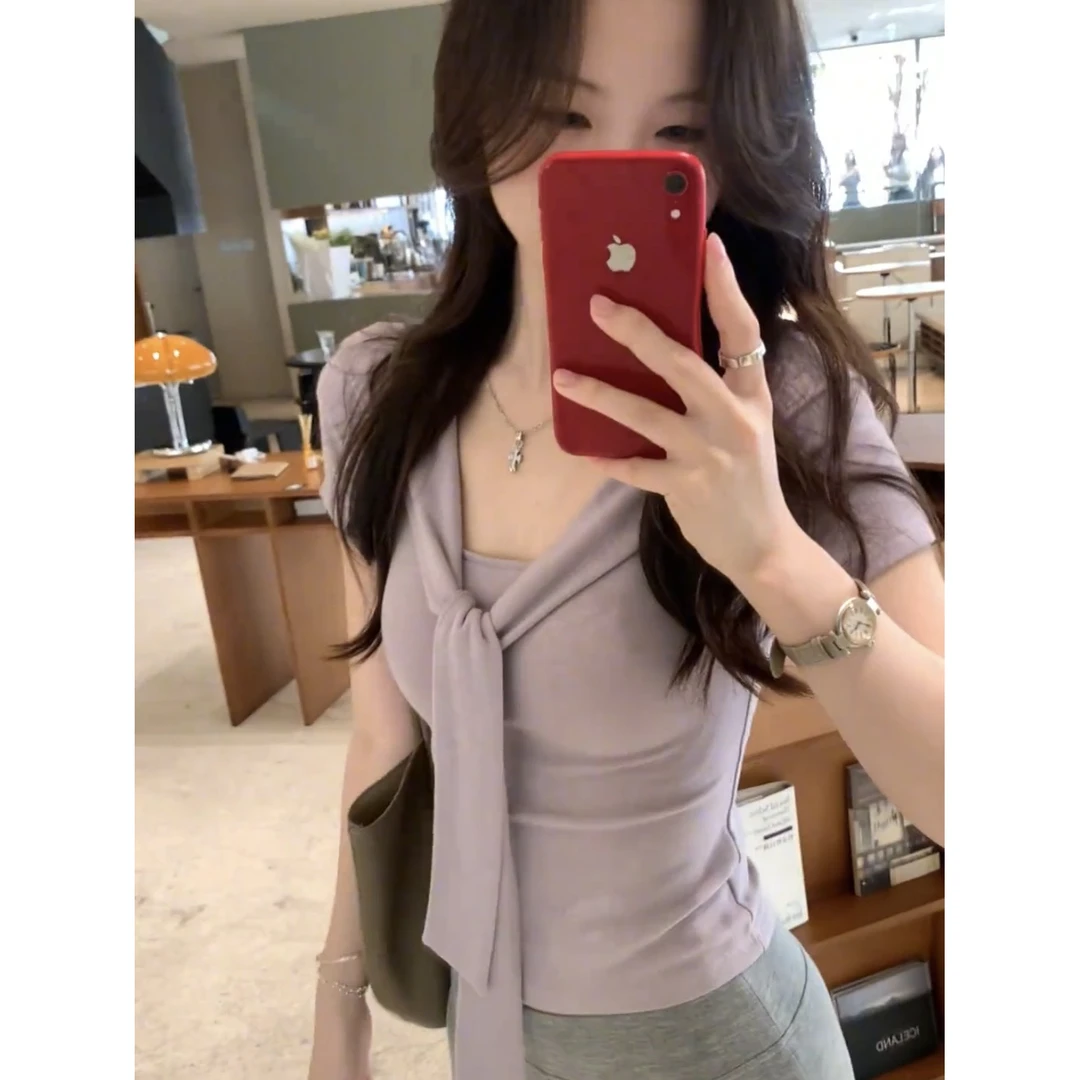 纯欲风露锁骨方领短袖T恤女夏季新款别致绑带设计修身绝美上衣潮