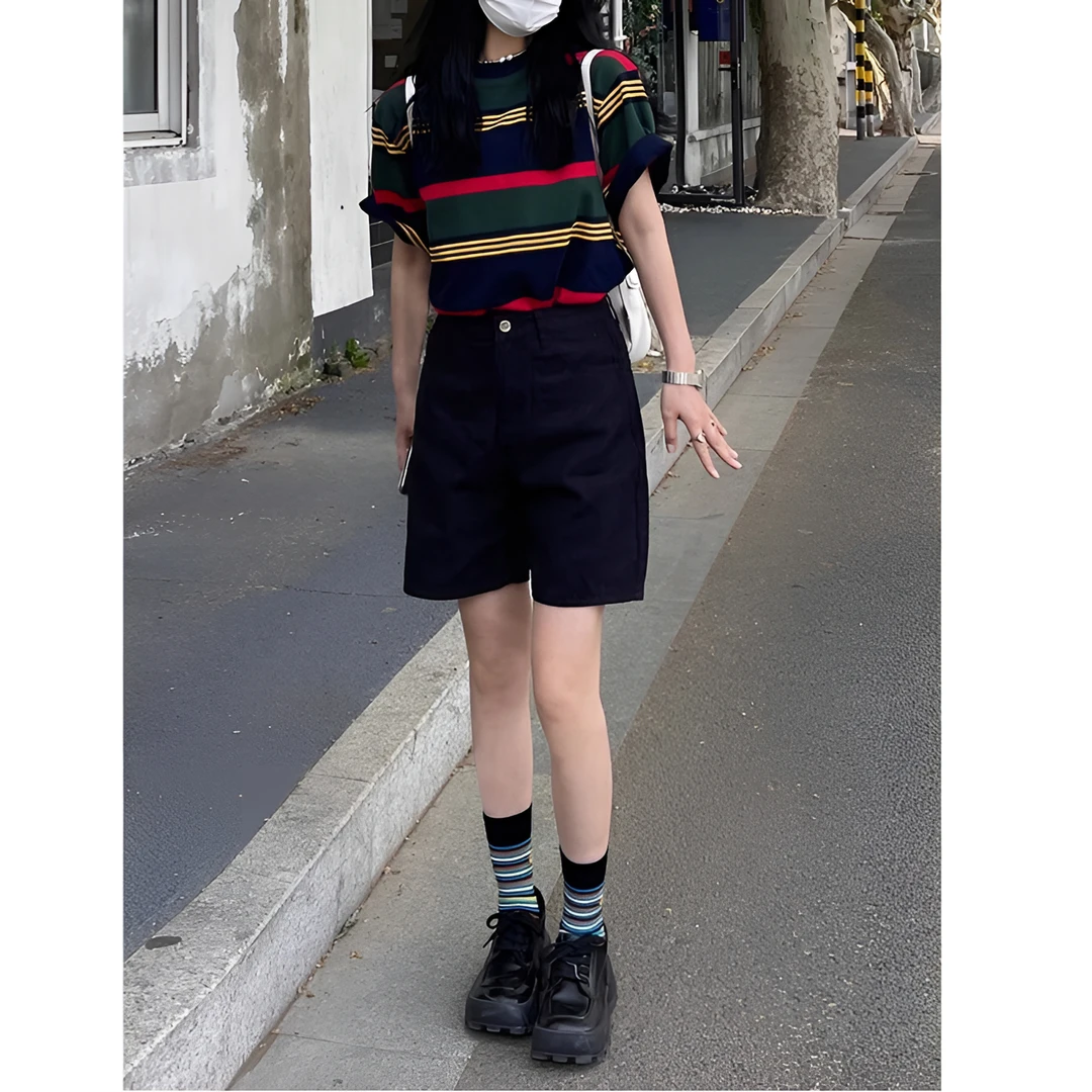 美式黑色牛仔短裤女2025年复古高腰宽松显瘦直筒阔腿五分裤子百搭