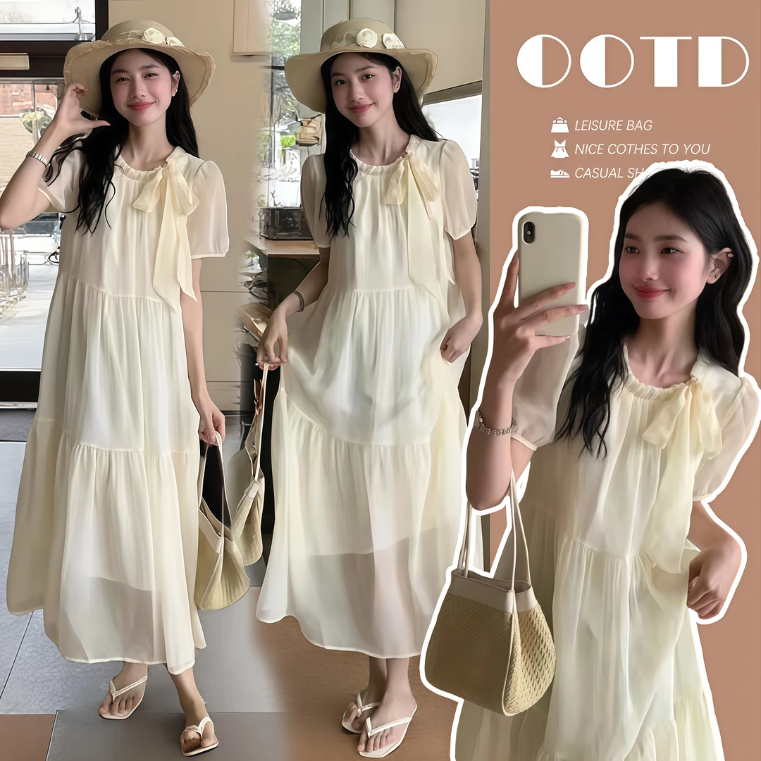 2025年夏季新款韩版宽松孕妇装蝴蝶结孕妇连衣裙百搭法式减龄长裙