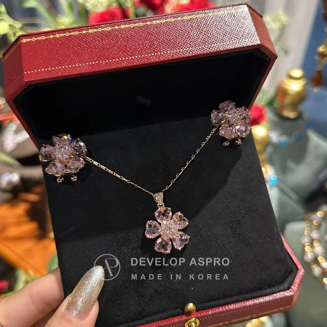 非金属仿水晶耳饰 【樱花晶-现货】韩国爆款精致花耳钉项链SP126