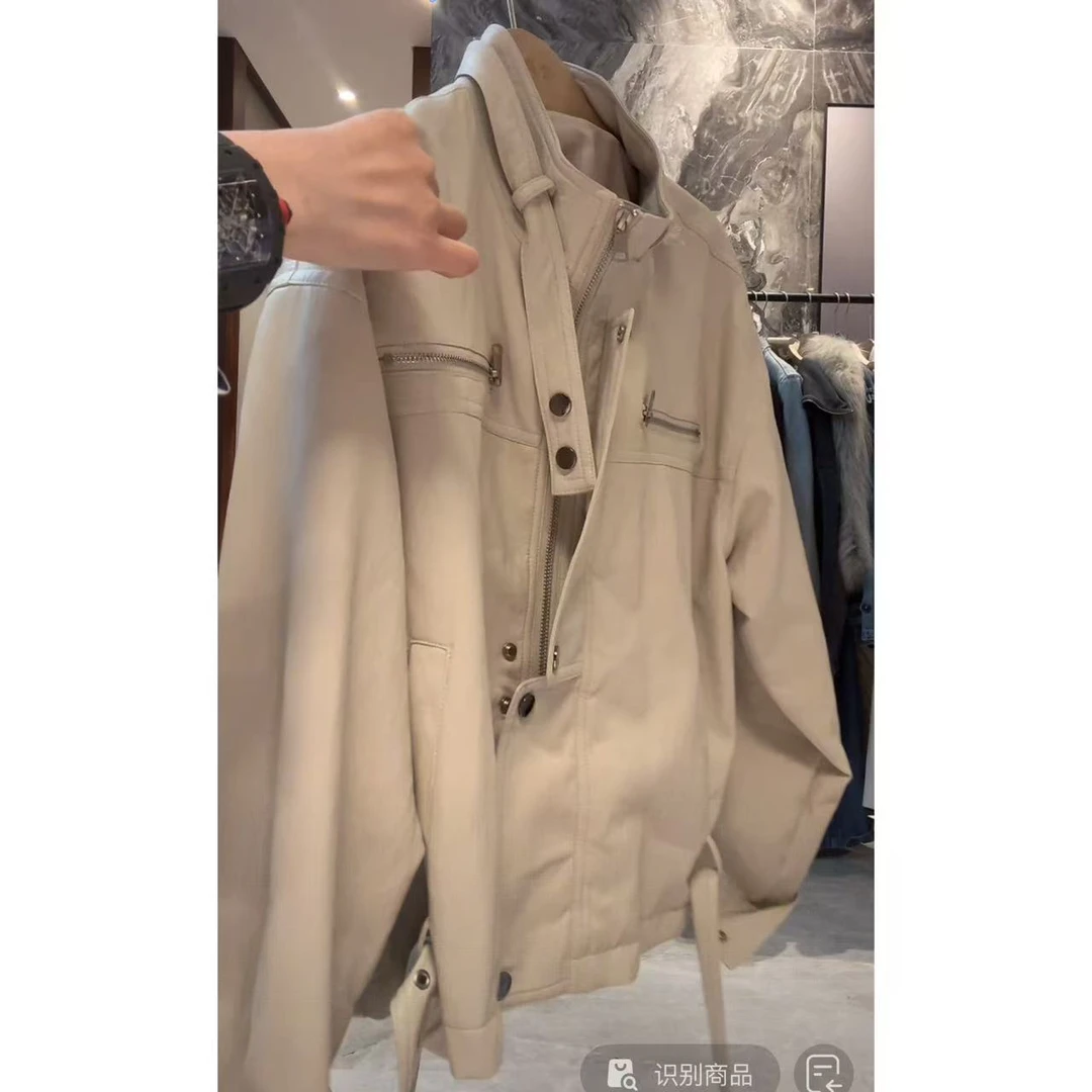 徐秋阳 象牙灰皮衣 秋季新款百搭时尚休闲显瘦显白皮衣9965