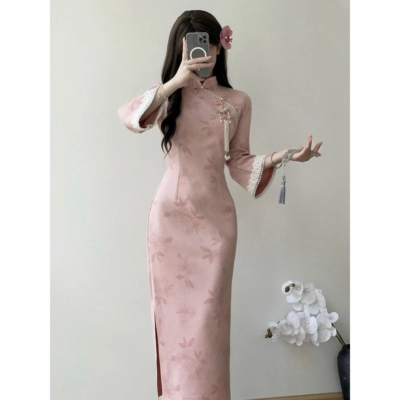 画报夫人粉色麂皮绒淑女范倒大袖旗袍秋新款改良新中式轻款日常穿