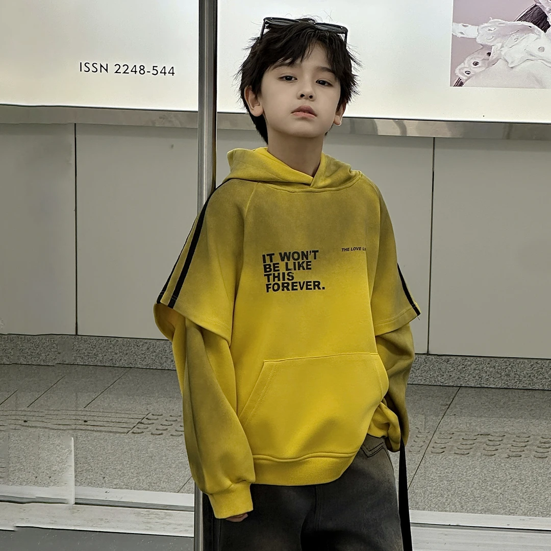 男童秋季假两件卫衣2025新款男孩韩版宽松连帽衫中大童秋装上衣潮