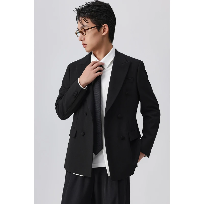 【时尚精英】新款男士休闲商务西装灰色修身双排扣简洁干练外套08