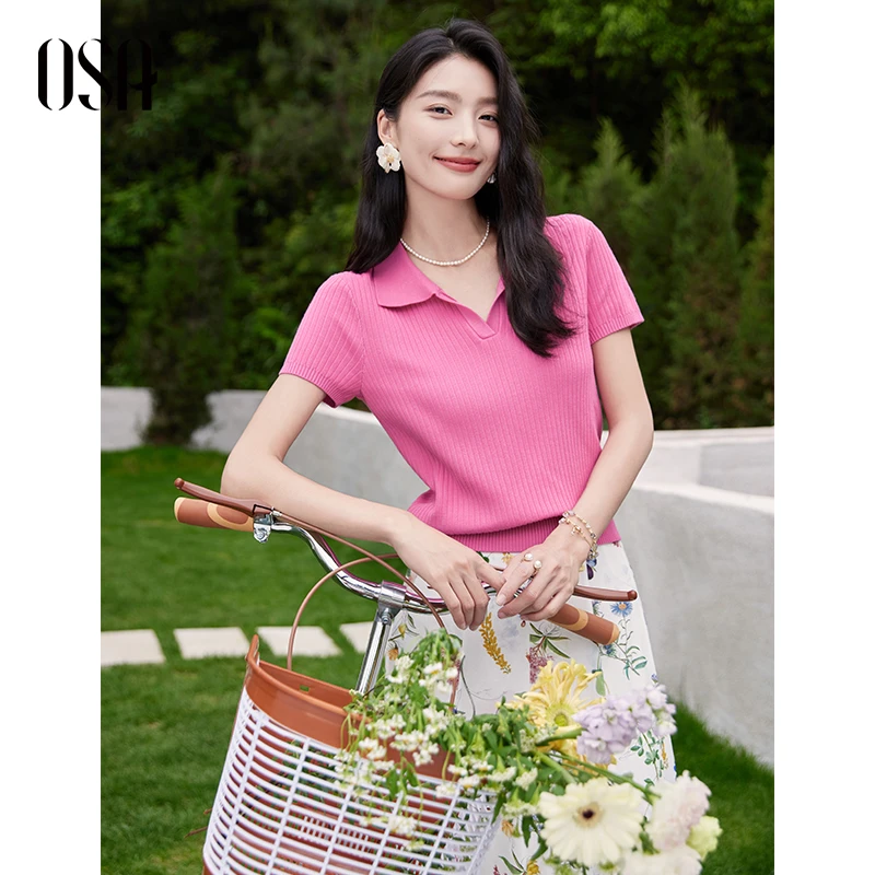 OSA/欧莎 好运针织正肩Polo领短袖针织衫女夏显瘦上衣S125B16034