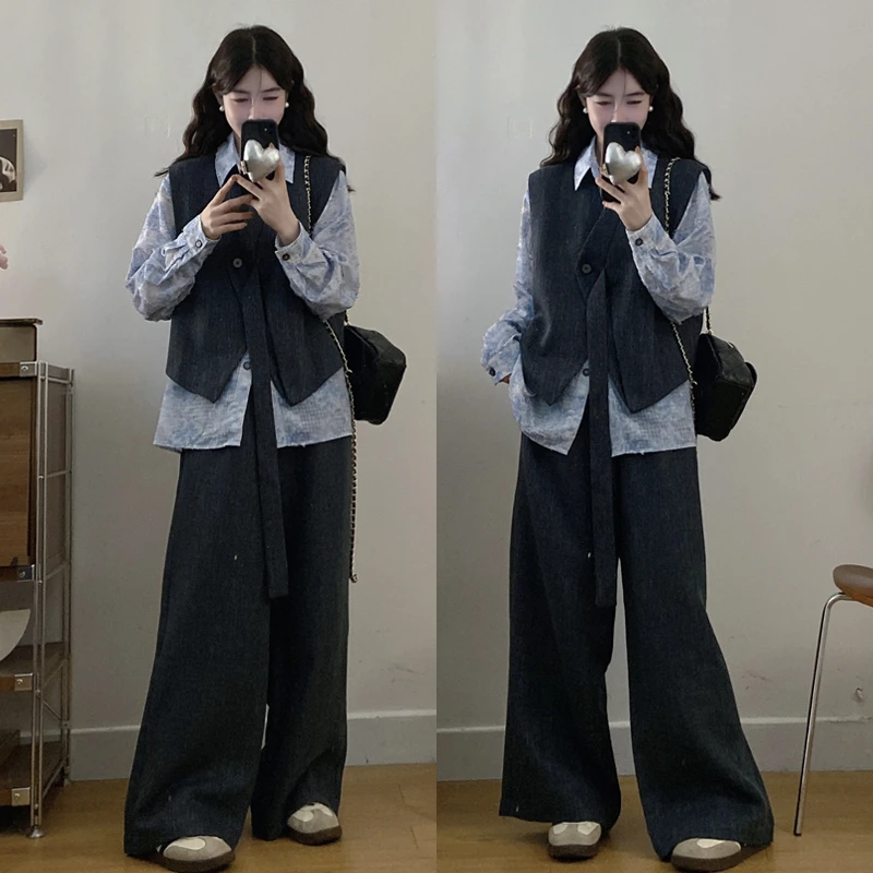 大码胖mm宽松2025秋冬新款提花衬衫马甲套装休闲时尚三件套装女