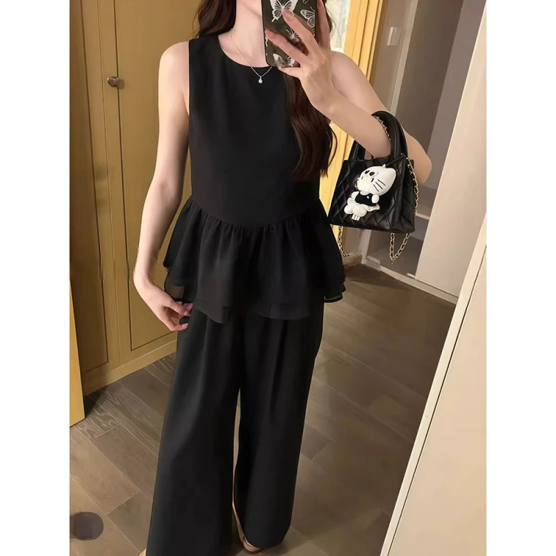 纯欲无袖背心上衣女夏季新款高腰宽松显瘦设计感直筒长裤