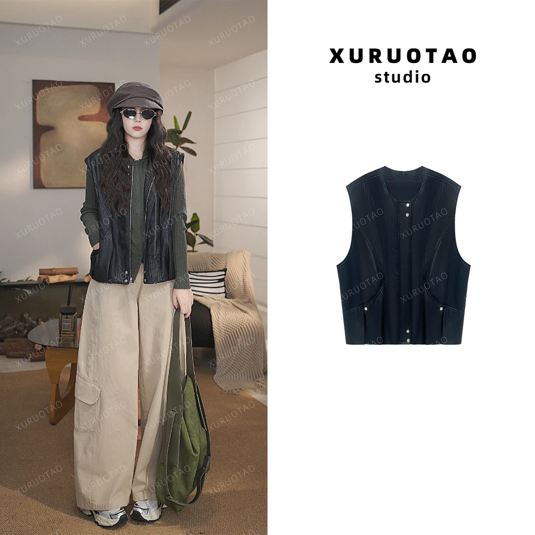 XURUOTAO 【盛情古罗马】PU皮棉百搭设计感显瘦黑色马甲 T5562