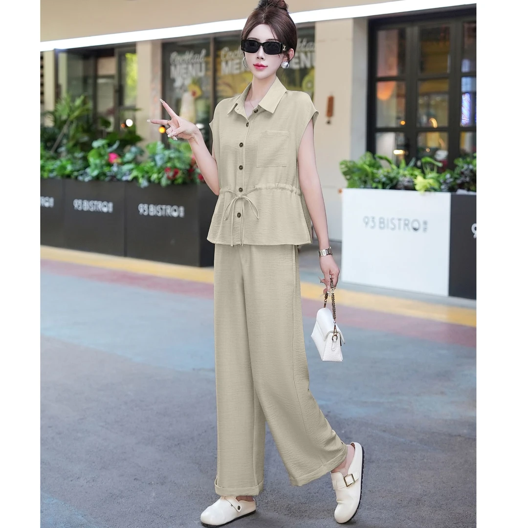 【现货】新款夏季宽松短袖衬衫九分裤套装减龄休闲两件套女