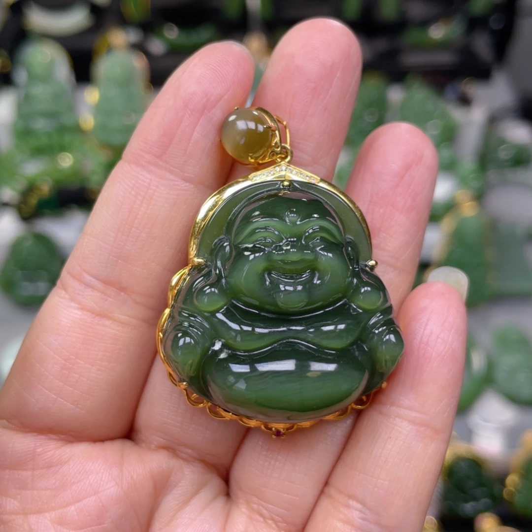 和田玉（碧玉）18K金镶嵌吊坠(不含链)